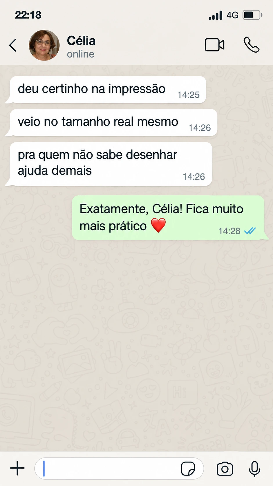Depoimento de Célia sobre a impressão em tamanho real