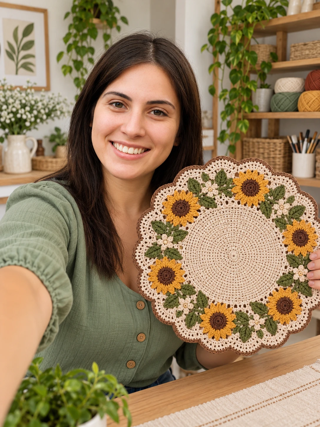 Mariana Soares, criadora do Kit Moldes Mesa Posta, segurando um sousplat de crochê com girassóis